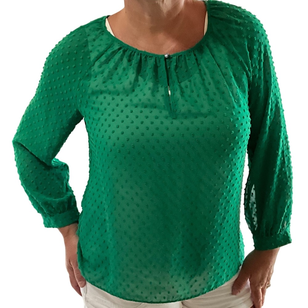 J.Crew Green Clip Dot Blouse Long‎ Sleeve Sheer Top Women's Size M